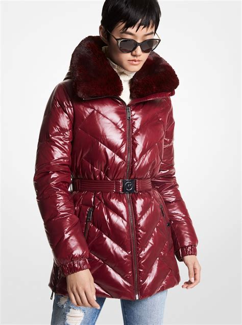 michael kors belted jacket faux fur|Faux Fur Trim Quilted Belted Puffer Jacket .